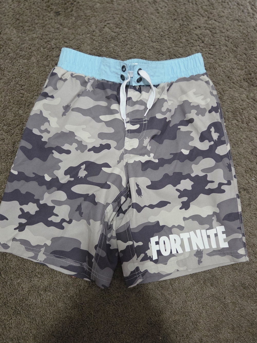 Fortnite Kids Camo Swim Trunks in Gray with Light Blue Waistband